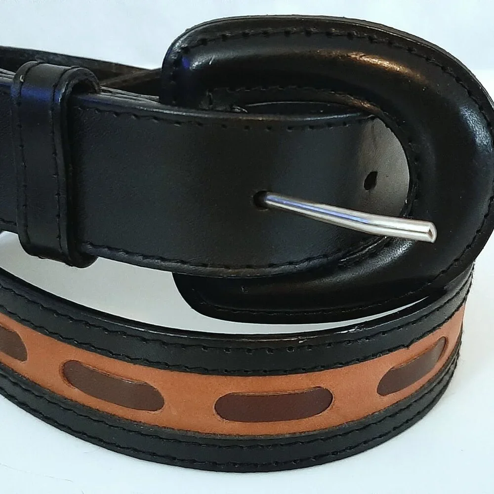 GINNIE JOHANSEN Women's Vintage leather inlay belt Black Brown Size Small 26-30